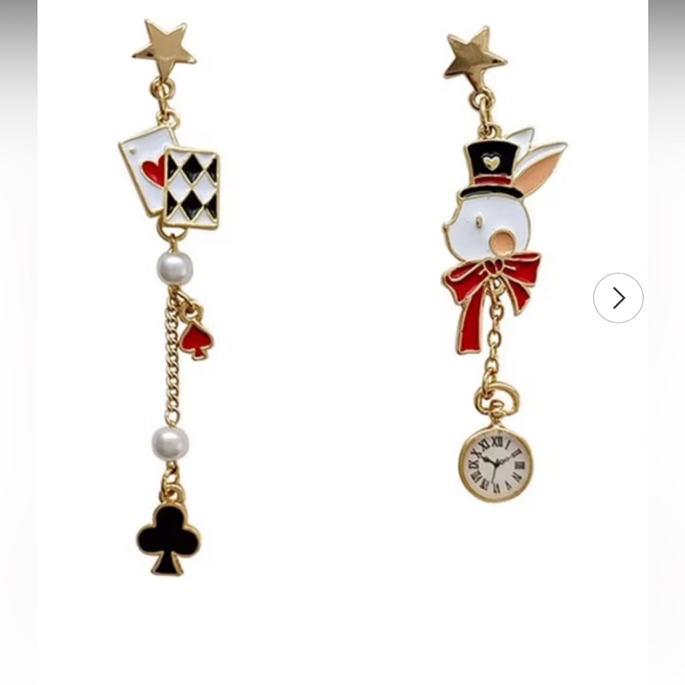 Asymmetric Earrings with Clock, Rabbit & Pearl, Unique Long Dangle Drop Jewelry